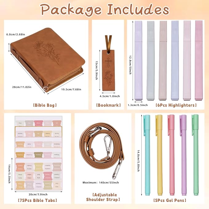 19PCS Floral Brown Leather Bible Cover for Women Bible Cover Cases for Teen Girls Christmas Gift Christian Carrying Bag Journaling Kit with Shoulder Strap Highlighter Pens & Book Marker Study Supplies