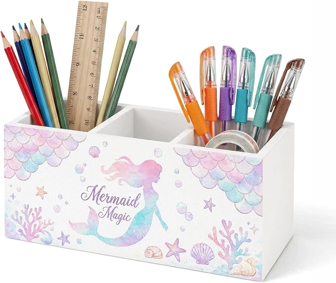 Mermaid Pen Pencil Holder for Office Desk Mermaid Office Decor Gift for Girls Wooden Pink Ocean Organizer Desktop Decor Coastal Makeup Brush Toothbrush Holder for Bathroom Desk Accessories