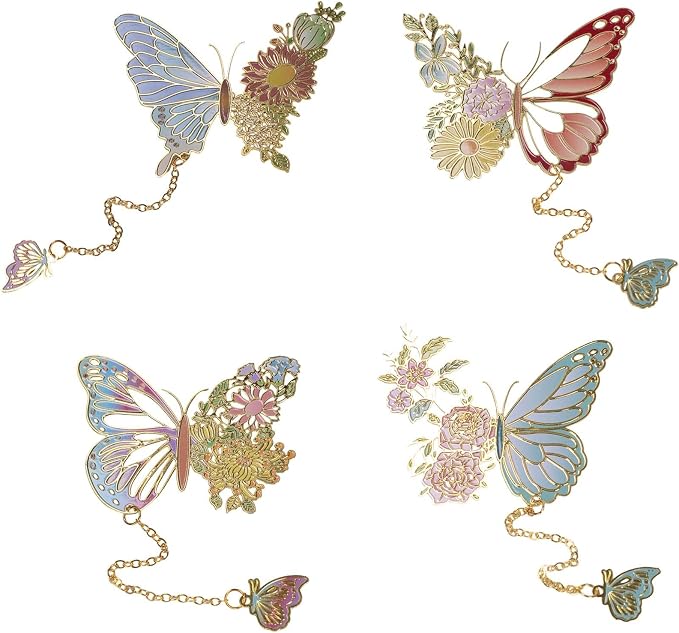 4 Pack Metal Butterfly Bookmarks, Aesthetic Vintage Bookmarks with Chain Cute Funny Bookmark, Unique Gifts Book Markers for Book Lovers/Women Writers Readers