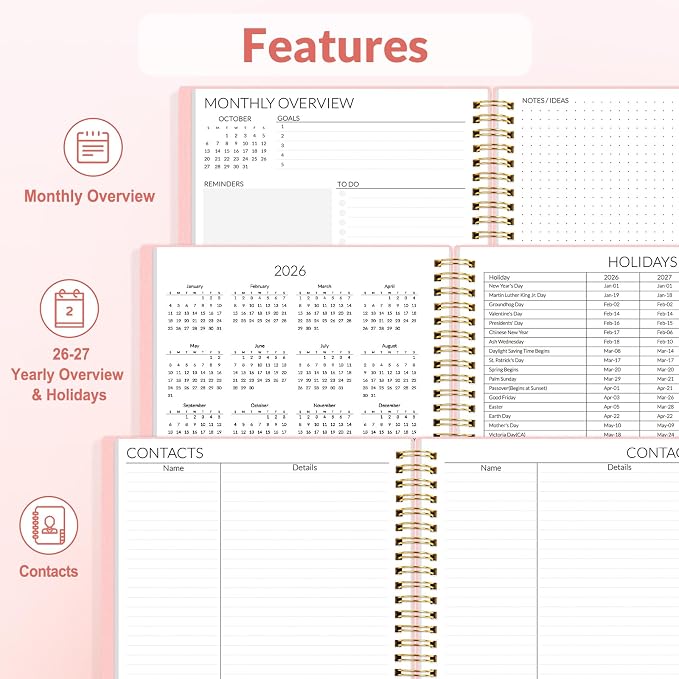 SUNEE 2026-2027 Planner - 24 Months (Jan 2026 - Dec 2027) - 7"x10" Monthly Spreads & Yearly Planner, Pink