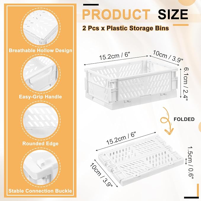 uxcell 2Pcs Small Plastic Storage Baskets, 6 x 3.9 x 2.4 Stackable Foldable Storage Bins with Handles Collapsible Crates for Home Office Shelves Closet Books Organizing, White