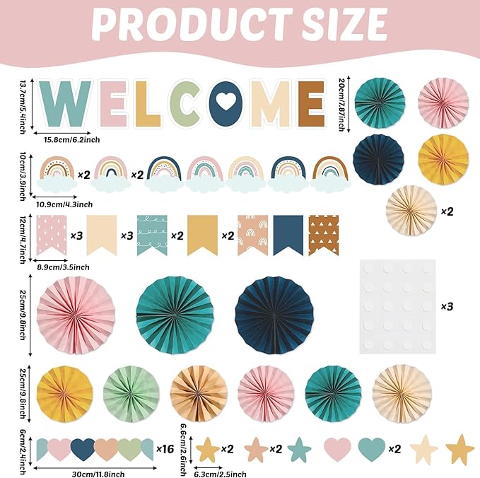 Boho Welcome Bulletin Board Sets 3D Rainbow Welcome Back Classroom Craft Decorations Boho Paper Fans Cutouts Board for Kindergarten Elementary Middle School Back to School Chalkboard Wall Decor