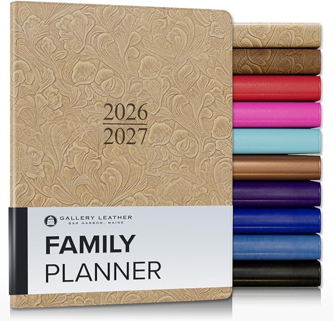 Gallery Leather Family Planner 2027, for moms, Elegantly Bound Calendar Planner and Notebook with Stylish White Page Edges, 18 Months - Floral Latte - 9x7"