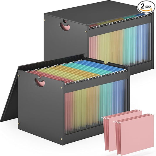 Bamboo Hanging File Boxes with Lids 2 Pack, File Organizer Box for Letter/Legal File, File Box with Hanging Folders Acrylic Light Easy Assembly File Storage Boxes, Black