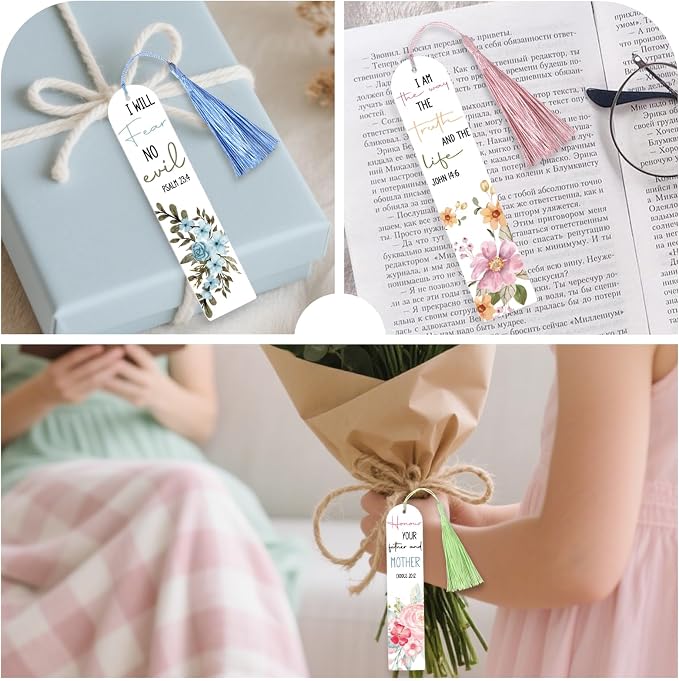 Dazoratix Christian Acrylic Bookmark Blanks - 60 Pcs Bible Verse Bookmarks Making Kit Religious Inspirational Clear Flower UV DTF Transfer Stickers with Ribbons DIY Craft for Reading Women Book Lovers