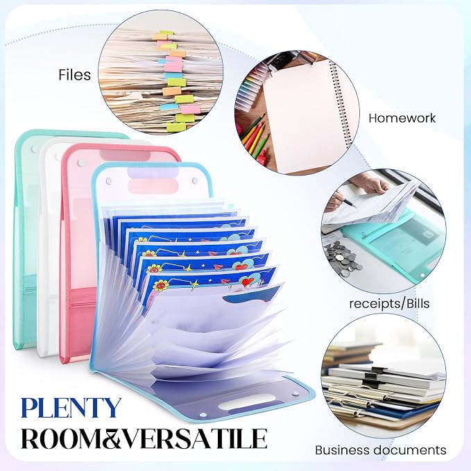 Fulmoon 4 Pcs A4 File Folders,13 Pockets File Organizer with Labels A4 Expanding File Vertical with Portable Receipt Document Organizer for Office School (Light Colors,9.45" X 14.17",Novelty)