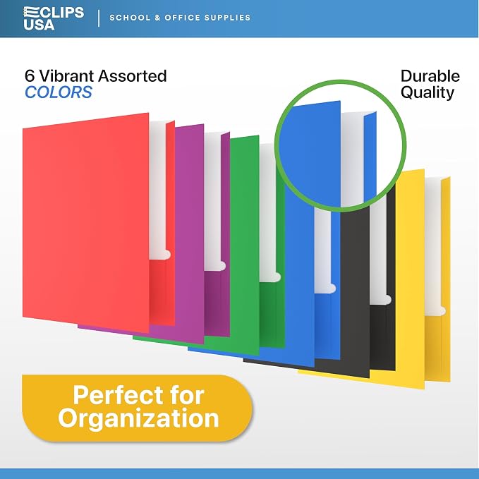 Folders with Pockets 2 Pocket Folders Bulk, Holds 100 Sheets (50 Sheets Per Pocket) Assorted Colors Office Or School (100 Pack)