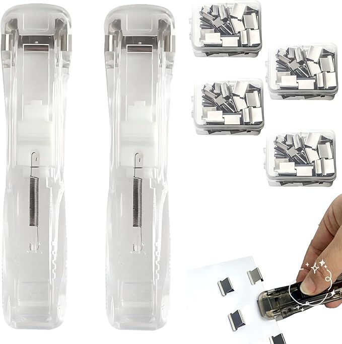 2 Pack Portable Binder Clip Stapler - Damage-Free Paper Clam Clip Dispenser with 200 Reusable Metal Clips, One-Hand Push Fastener Holds 40 Sheets for Office, School & Desk Organization, (White)