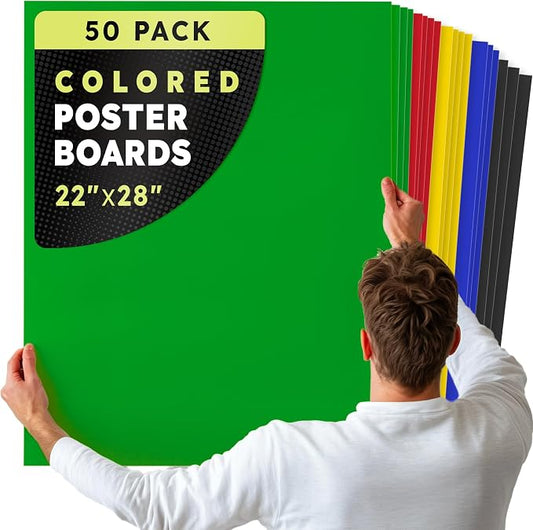 Hygloss Large Colored Poster Board 22x28-50 Assorted Standard Color Bulk Pack - Red, Yellow, Green, Blue, Black - 10 Pt. Thickness Poster Board Paper - Posterboard Multipack 22" x 28"