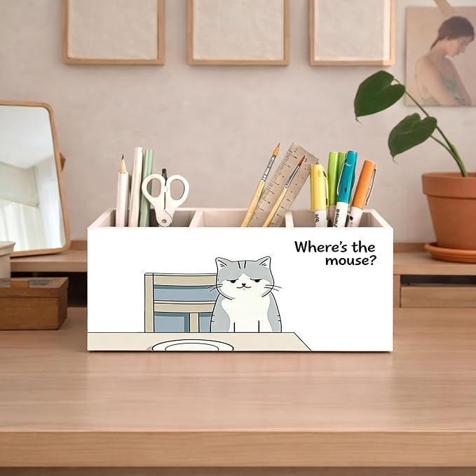 Funny Cat Pen Holder, Desk Organizer, “Where’s the Mouse?” Cute Cat Desk Storage for Pens, Pencils, Markers, Scissors – Great Gift for Kids, Cat Lovers, Students, Teachers