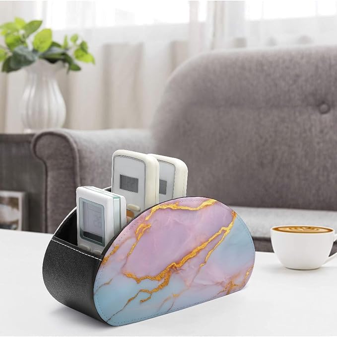Golden Veins Marble Texture Remote Control Holder with 5 Compartments Leather TV Remote Caddy Remote Storage Box Desktop Organizer for Pen/TV Remotes/Media Controllers/Office Supplies