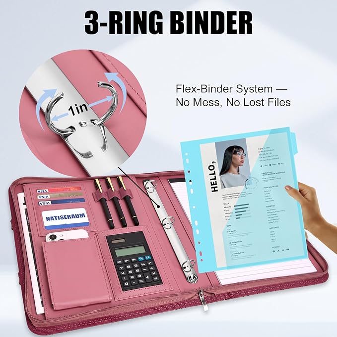 Portfolio Binder 3 Ring Includes Pen and 5 Dividers with 10 Pockets, Padfolio Organizer with Zipper for Men and Women, Includes A4 Notepad for Business, School, Work