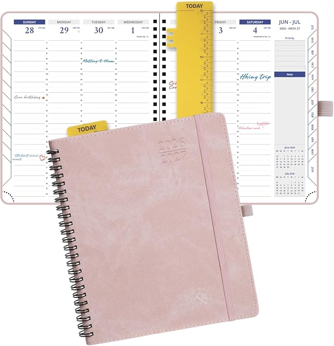 POPRUN 2026-2027 Planner Weekly and Monthly, 7" x 8.5", July 2026 to June 2027, Spiral Bound Notebook with Half Hourly Time Slots, Vertical Layout, Leather Soft Cover, Notes Pages, Pen Loop - Pink