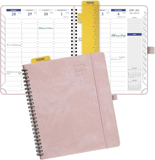 POPRUN 2026-2027 Planner Weekly and Monthly, 7" x 8.5", July 2026 to June 2027, Spiral Bound Notebook with Half Hourly Time Slots, Vertical Layout, Leather Soft Cover, Notes Pages, Pen Loop - Pink