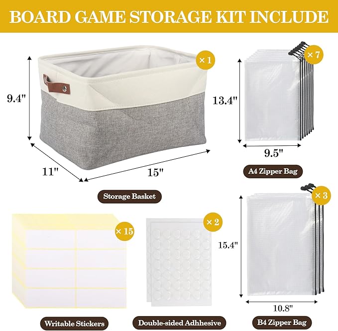 Klmnop Board Game Organizer Kit Includes 10pcs Zipper Bags, Writable Stickers and Double-sided Adhesive, Board Game Storage Container with Handle for Puzzles, Crafts, Office Supplies(Grey)