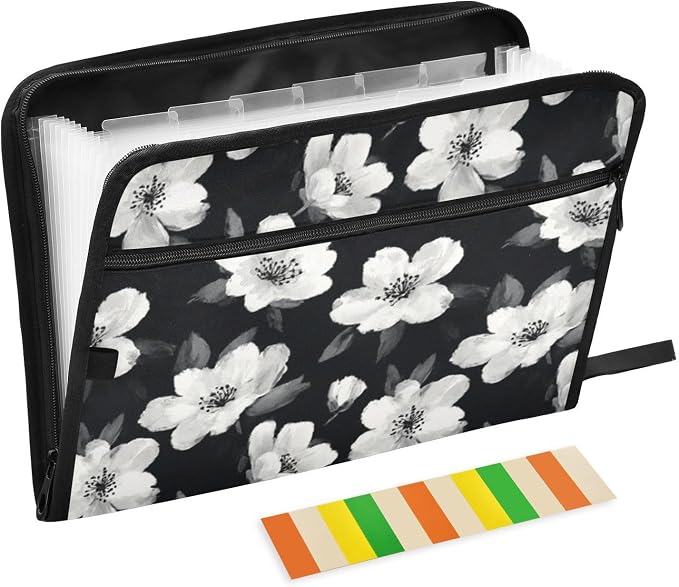 Black White Flowers Accordion File Organizer Expanding Document Folder with 13 Pockets Portable File Folder for A4 Letter Size