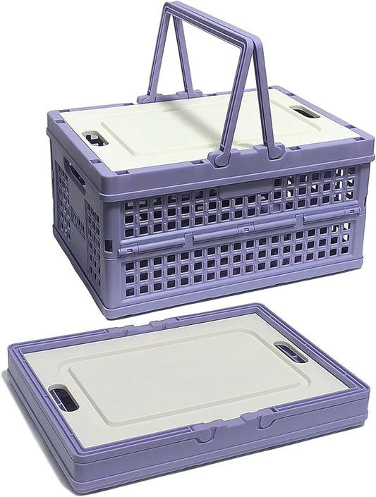 Collapsible Storage Crate with Lid, Folding Crates Bins, Stackable Plastic Storage Baskets with Handle for Home Organization, Office, Picnic, Camping, Groceries, Car Trunk(13.6x9.6x7.28 Inch, Purple)