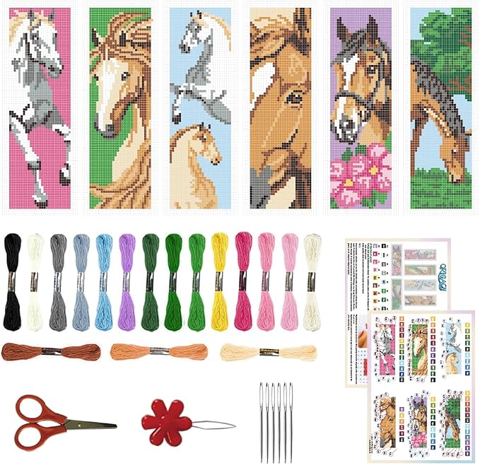 ORIGACH 6 Set Horse Cross Stitch Bookmark Kit for Beginner with Backing Felt Floss Instructions DIY Stamped Embroidery Bookmark Kit for Adults, Book Lovers