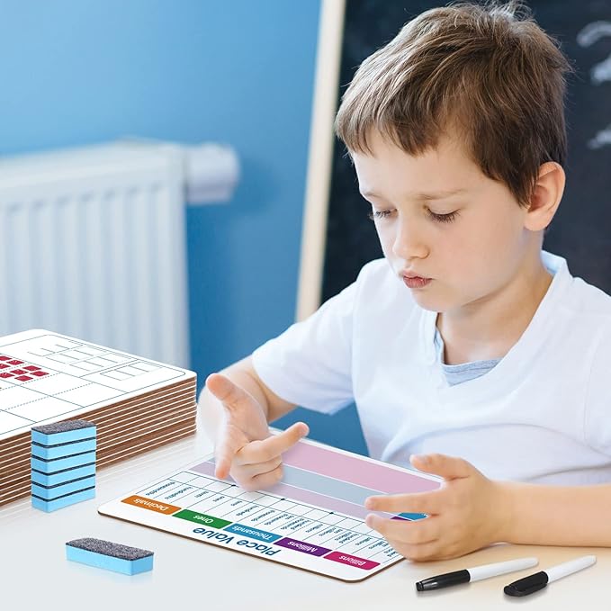 Qeeenar 12 Set Dry Erase Place Value Whiteboard with Markers and Eraser, 9 x 12 Inch Double Sided Dry Erase Board for Teaching Place Values, Math White Board for Kids Student