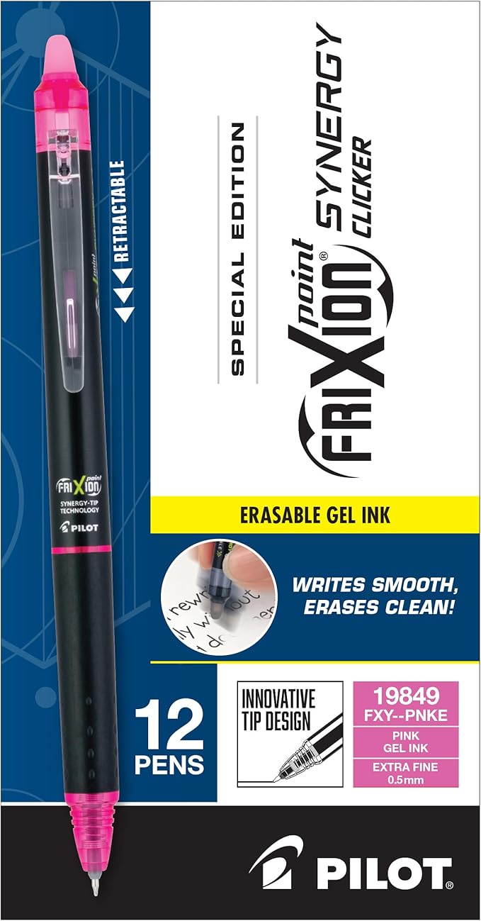 Pilot FriXion Synergy Clicker Erasable, Refillable, Retractable Gel Ink Pens, Extra Fine Point 0.5 mm, Pack of 12, Pink, FriXion Erasable Pens 0.5 - Ideal for School & Office Writing