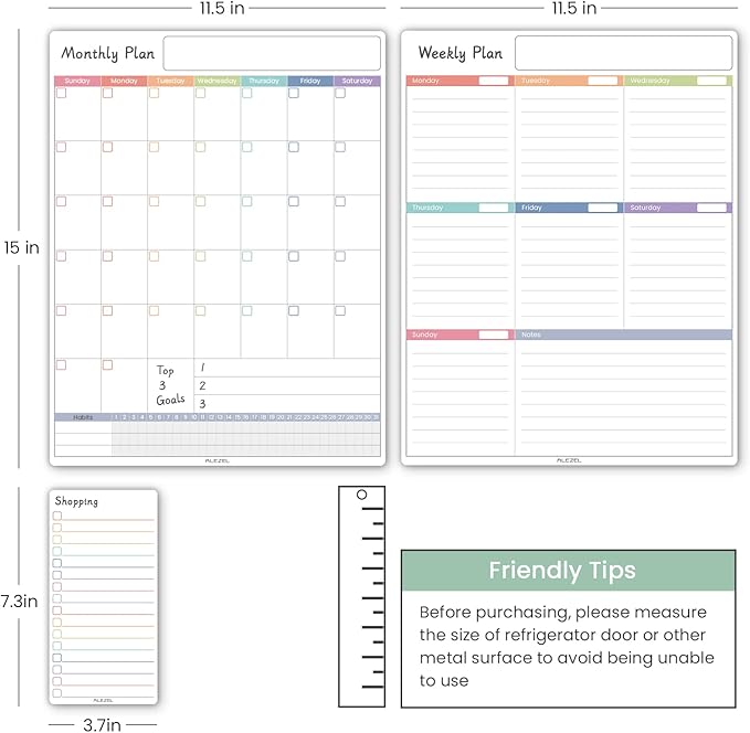 ALEZEL Magnetic Fridge Calendar Whiteboard, Dry Erase Refrigerator Calendar Set (3 Boards) - Magnetic Weekly Calendar for Fridge, Dry Erase Calendar, Grocery List White Board, 3 Markers + Eraser