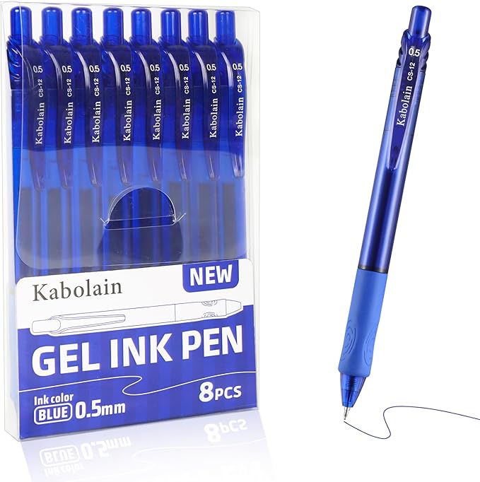 8Psc Blue Ink Gel Pens, 0.5mm Retractable Ballpoint, Fine Point Smooth Pens with Soft Grip, Office&School Supplies for Writing