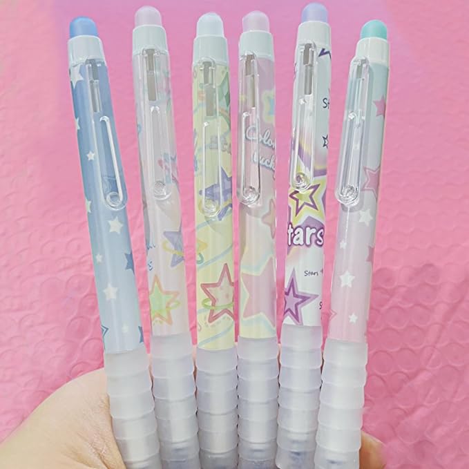 MOZXIRZ 6 Pcs Erasable Gel Ink Pens Retractable Pens 0.5mm Blue Ink Pen Office School Supplies Cute Aesthetic Pen (Blue Ink-Stars)