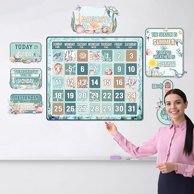 Cholemy 85 Pcs Calendar Bulletin Board Set Classroom Calendar Bulletin Board with Numbers Month Weather Classroom Decoration Wall Decor for Chalkboard Back to School Supplies (Watercolor Ocean)