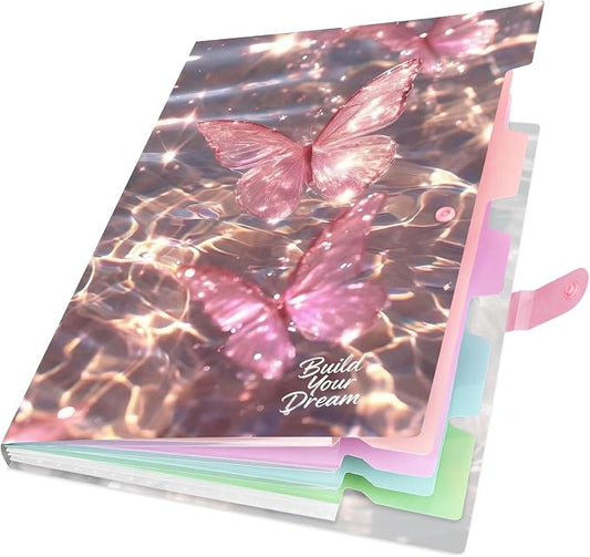 Cute Expanding File Folder - 5 Pockets Accordion Document Organizer, Waterproof Poly Plastic, A4/Letter Size for School Office Home - Butterfly Pink