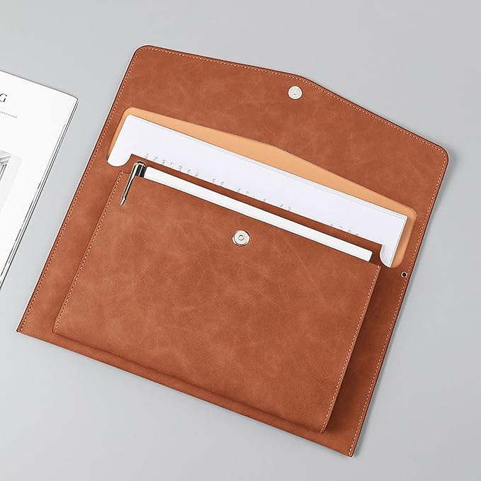 PU Leather A4 File Folder Document Holder with 2 Compartments Envelope Folder Case with Snap Closure for Receipt Contract (Brown)