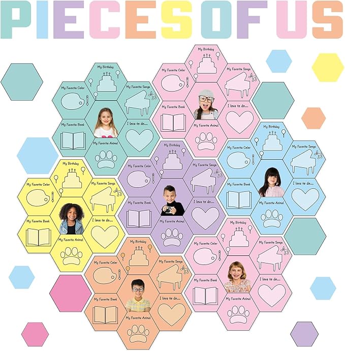QOUBAI Hexagon Pieces Bulletin Board Set Pieces of Us Classroom Bulletin Board Decorations All About Me Cutouts Classroom Decorations for Back to School Office Home Chalkboard Decor Wall Door