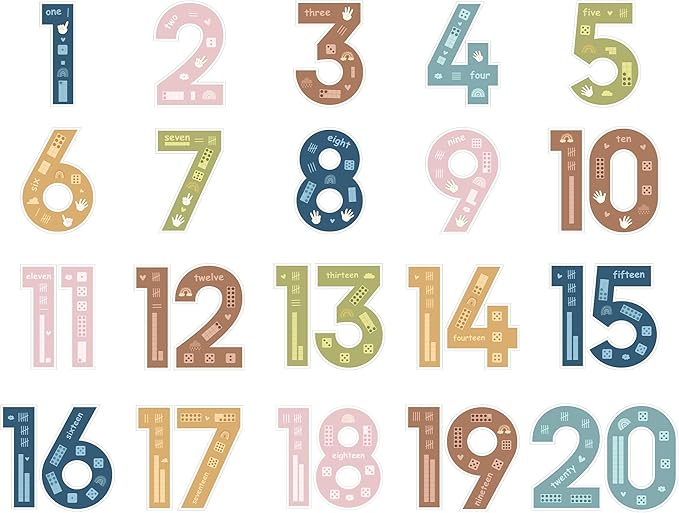 20Pcs 13In Boho Jumbo Numbers Bulletin Board Set Boho Rainbow 1-20 Cutouts for Wall Decoration Learning Educational Teaching Tool Supplies