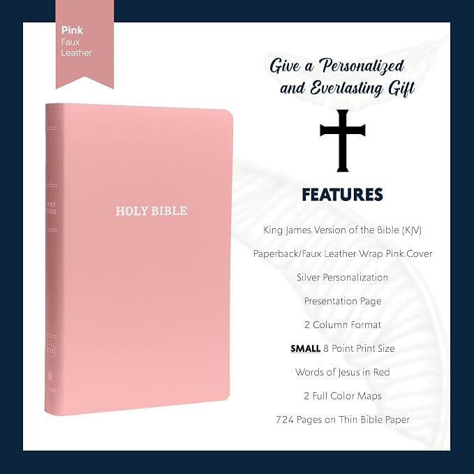 MerchSalad Personalized KJV Bible King James Version Faux Leather Holy Bible with Custom Name SMALL PRINT with Red-Highlighted Verses, Custom Gift for Christian & Religious Celebrations | Pink