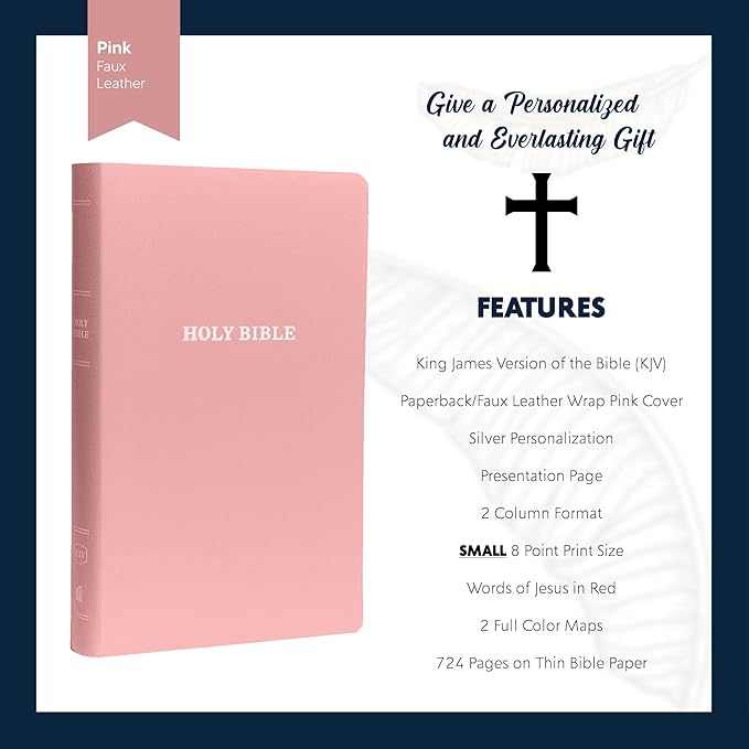 Personalized KJV Bible Faux Leather Small Print Economy Bible with Custom Name at The Lower Right Side & Red-Highlighted Verses, Custom Gift for Christian & Religious Events | Pink
