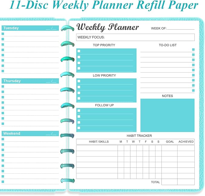 Weekly Planner Undated Refills - Letter Size 53 Sheets/106 Pages Weekly Planner for 11-Disc Discbound, TUL, 100 gsm White Paper, Lasts 1 Year, Undated, 8.5" x 11", Teal