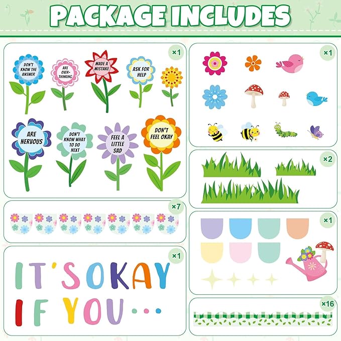 Spring Mental Health Bulletin Board Set Bloom Flower Classroom Decoration Inspirational Positive Affirmations Station Bulletin Board Cutouts for Motivational Office School Home Chalkboard Wall Decor