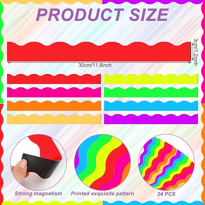 Qeeenar 24 Pcs Magnetic Borders for Classroom Bulletin Board Borders Magnetic Whiteboard Classroom Strips for Office Chalkboard Decoration(Neon Color)