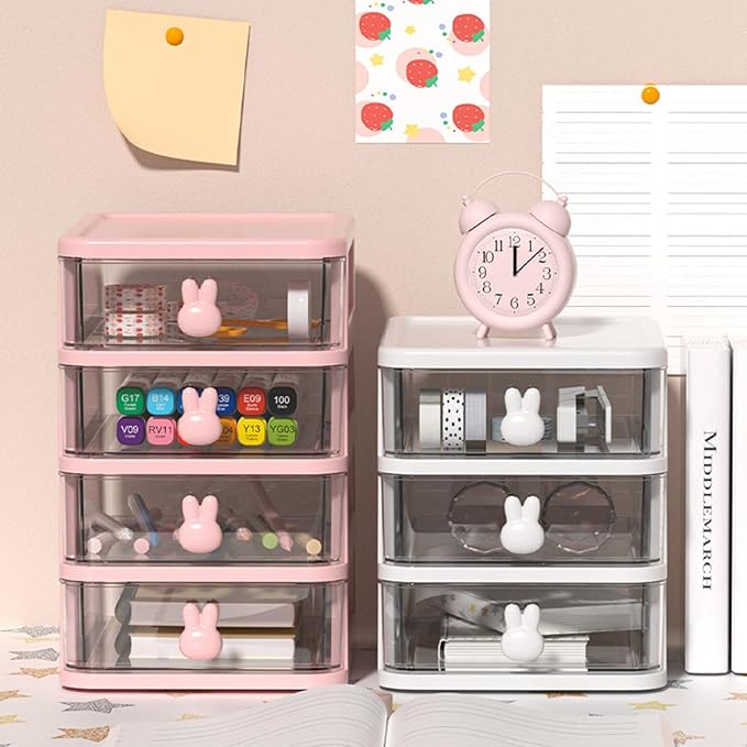 Plastic Desktop Storage Box Drawers, Stackable Desk Organizer with Bunny Handle Desktop Drawers Multi Tier for Office School(Clear) (Pink)