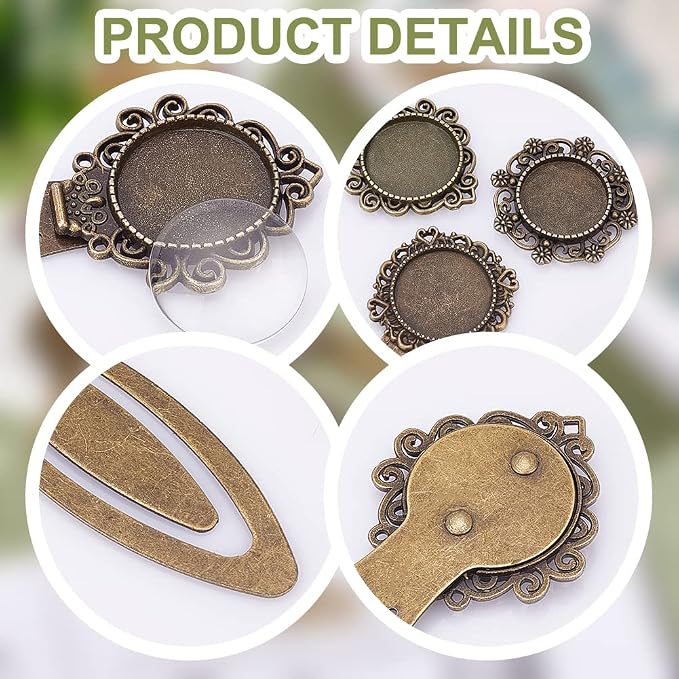 NBEADS 24 Pcs 3 Styles 2 Colors Bookmark Pendant Tray Kit, Including 12 Pcs Tibetan Style Bookmark Cabochon Settings 12 Pcs Dome Transparent Glass Cabochons for Reading Gift Crafting DIY Bookmark
