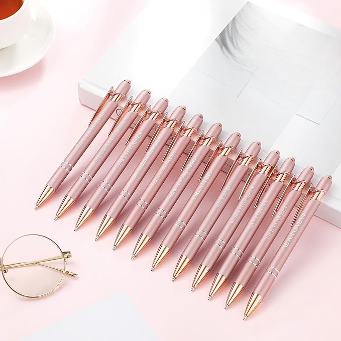 Zonon 12 Pcs Inspirational Pens Gift Set Funny Ballpoint Pen with Stylus Tip Motivational Graduation Gifts Bulk for Teacher Coworkers Nurse School Office Supplies(Rose Gold,Motivational Style)
