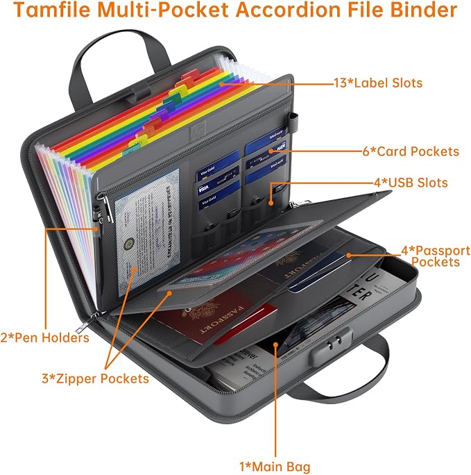 Fireproof Accordion File Organizer with Lock, 5200℉ Document Organizer | Thickened, 13 Colorful Pocket, with Zipper & Labels, Important Document Organizer, Expanding File Folder, with Handle, Black