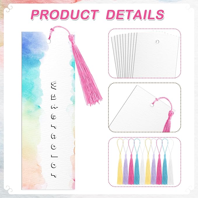 Marspark 241 Pcs Watercolor Paper Bookmarks Blank with Tassels and Sleeves Cotton White Cardstock to Paint Book Marks Craft with Hole for DIY Classroom Gifts Project Tags Bulk, 5.5 x 2 Inch