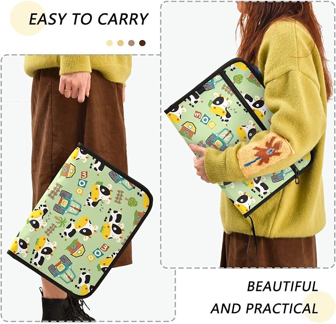 Funny Cow Farming Element File Folders,Plastic Folders with 13 Pockets,Expandable File Folder for Documents School Students Office,Aesthetic Folder with Labels A4 Letter Size