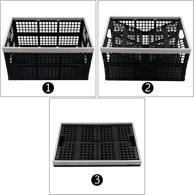 2 Pack 42 L Stackable Plastic Folding Crate, Plastic Collapsible Storage Basket, Organizer Bin for Car Trunk, Home, Office, Grocery, Clothes