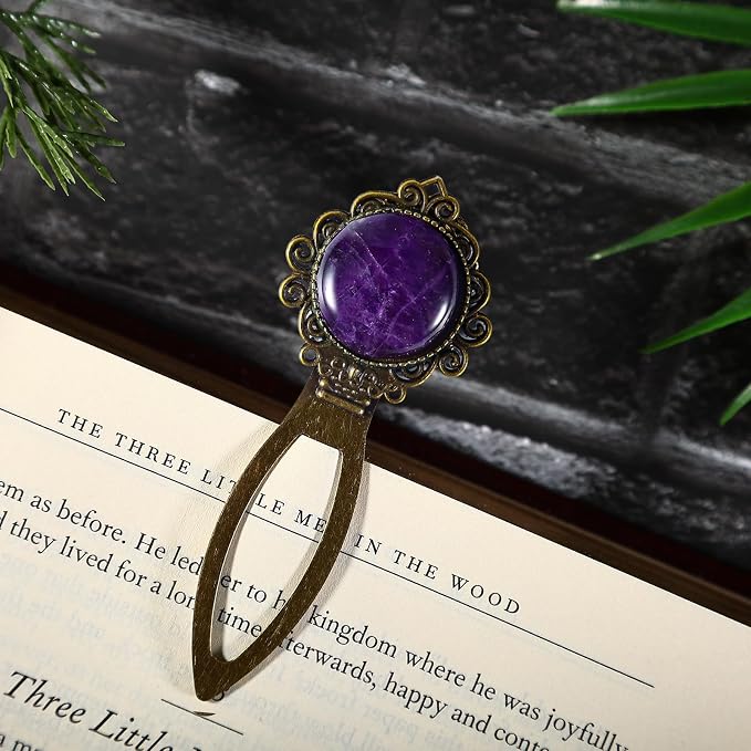 1Pcs Vintage Amethyst Bookmark with Natural Crystal Stone - Fantasy Brass Metal Bookmarks for Reading Women, Men, Book Lovers, Girls and Teachers Book Marks(Amethyst)