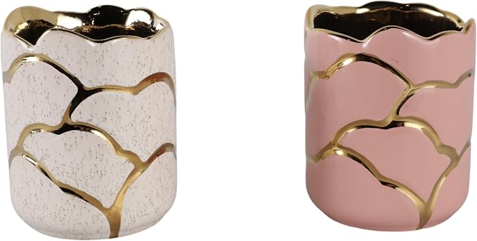 Cylindrical Desk Organizer for Desktop Organization - Ceramic Office Storage Organizer for Workspace Decor - Boho Stoneware Design Small Office Accessories for Home Decor - Set of 2, 5", Ivory & Pink