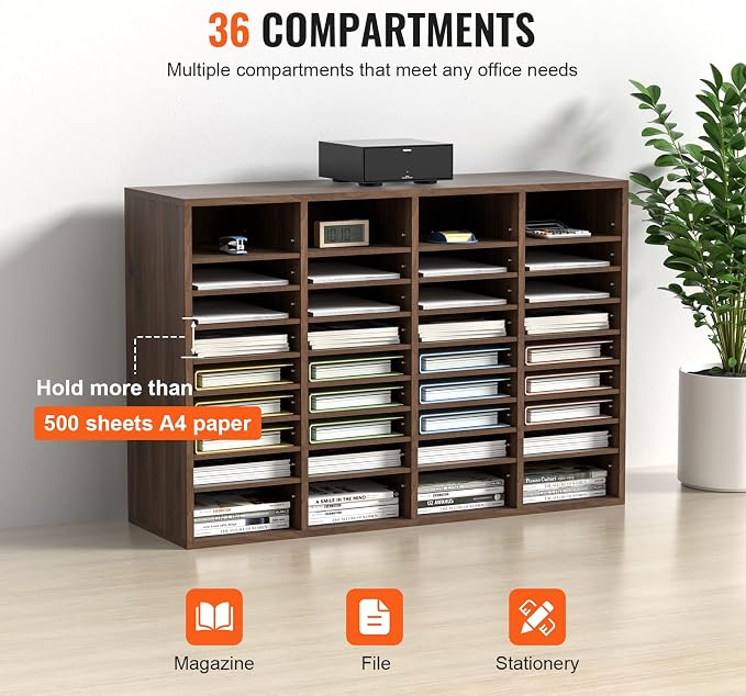 VEVOR Literature Organizers, 36 Compartments Office Mailbox with Adjustable Shelves, Wood Literature Sorter 39.3x12x26.8 inches for Office, Home, Classroom, Mailrooms Organization, EPA Certified Brown