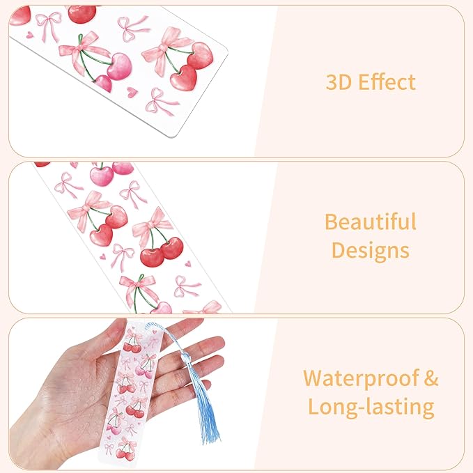 UV DTF Bookmark Wraps - 24 Sheets Conquette Acrylic Bookmark Blanks Sticker, Bow UV DTF Transfer Stickers, Books Bear Cherries Design for Book Lover DIY Projects