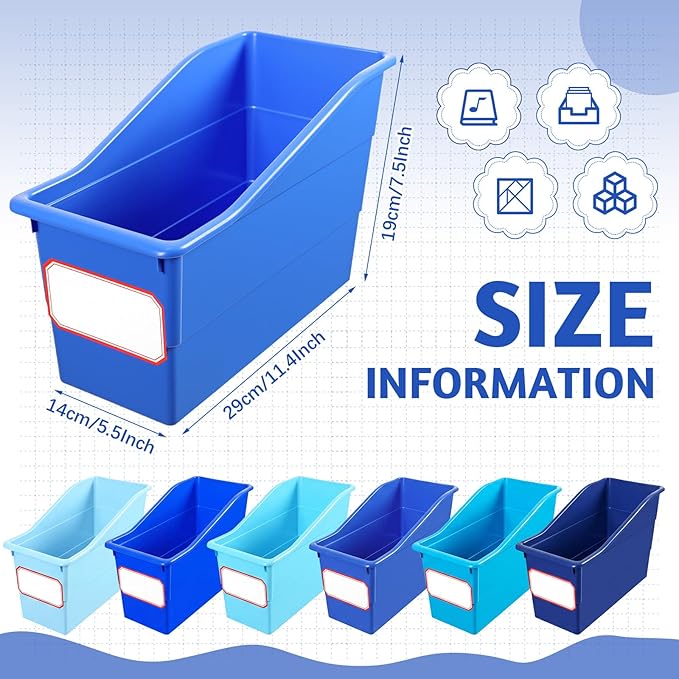 Teling 12 Pcs Book Bins Bulk - Plastic Book Storage Bin with Labels for Classroom Interlocking Magazine Holder Organizer Binder Container Box for School Office Desktop Bookshelf Home (Ocean Blue)