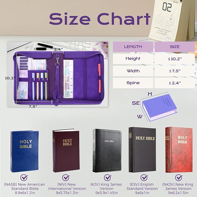 XKDOUS Purple Bible Cover for Women, Leather Bible Bags Set with Study Supplies, Tabs, Pens, Bookmarks, Large Book Carrying Case Carrier Tote Bag Christmas Gifts for Lady